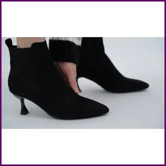 Pointed Toe Ankle Boots Knit Suede Kitten Heels Dressy Winter Booties - Picture 8 of 8